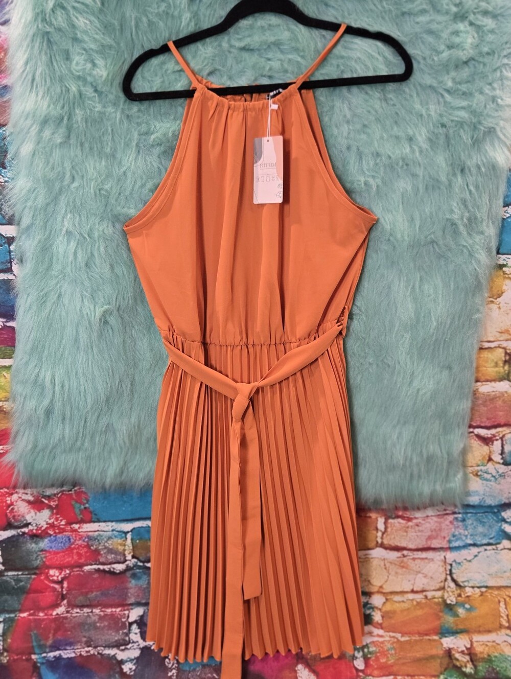 BTFBM Orange Rust Halter Pleated Belted Dress Size L